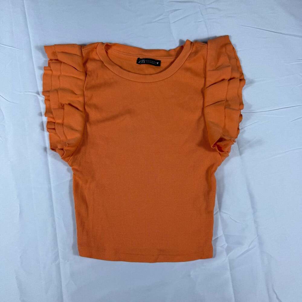 ZARA Women’s Orange Ribbed Ruffle Sleeve Top Size Small S Statement Blouse